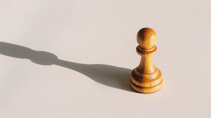 Lonely wooden chess pawn casting shadow on white surface, minimalist photography, still life, conceptual, surreal - obrazy, fototapety, plakaty