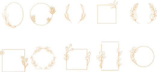 Modern Set of floral design logo elements. Wreath borders dividers, frame corners and minimalist flowers branch. Hand drawn line wedding herb,