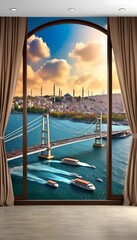 3d wallpaper design of istanbul bridge in bosphorus turkey with woom effect and curtain window and terrace for photomural