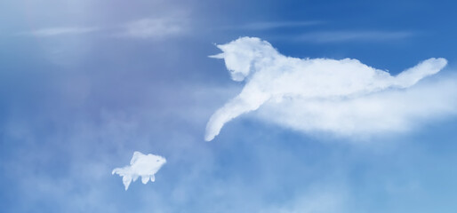 Cat clouds shape. Cat lying on a cloud catches a fish - obrazy, fototapety, plakaty