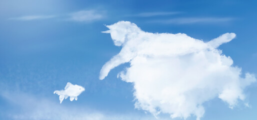 Cat clouds shape. Cat lying on a cloud catches a fish