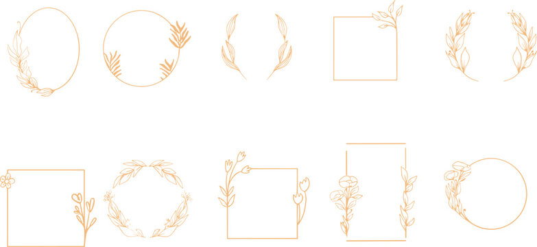 Modern Set of floral design logo elements. Wreath borders dividers, frame corners and minimalist flowers branch. Hand drawn line wedding herb,