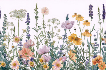 vibrant detailed wildflowers in a painterly style on a white background