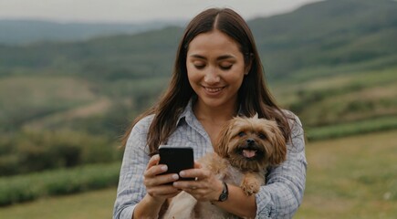 A woman capturing a moment with her phone as she holds a dog in her arms.