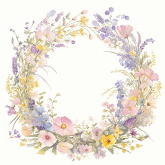 A flowery wreath with a gold frame border. The flowers are in various shades of pink and purple
