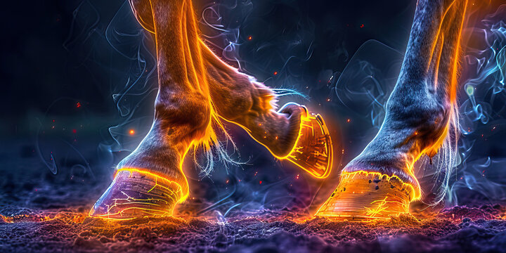 Equine Laminitis: The Hoof Pain and Reluctance to Bear Weight - Imagine a horse with highlighted hooves showing inflammation, experiencing hoof pain and reluctance to bear weight,