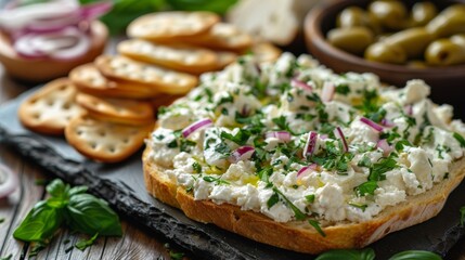A bread with cheese and olives on a plate next to crackers, AI