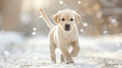A small brown and white Labrador Retriever Spanie puppy is running through the snow