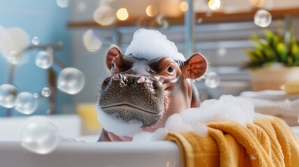 Funny hippo is in a bathtub with foam and bubbles, bathing time, indoor background.
