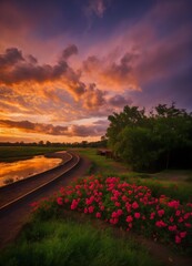 Fototapeta premium Sunset with flowers scene