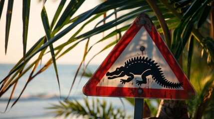 Red triangle warning sign with, beware of crocodile. Tropical beach portrait. Summer vacation outdoor background.