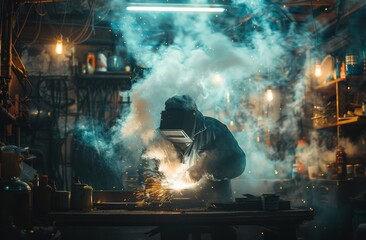 A skilled welder in protective gear is working amidst intense smoke and sparks, concentrating on precise metalwork