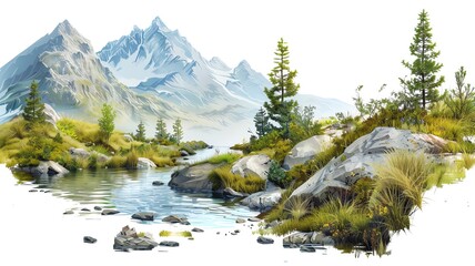 River valley 3D render, realistic landscape.