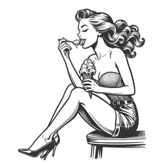 pin-up girl savoring an ice cream cone, depicting classic mid-century indulgence sketch engraving generative ai fictional character vector illustration. Scratch board imitation. Black and white image.