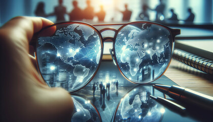 Close-up Glasses Reflection: Global Connectivity and Business Role Displayed through World Map
