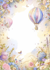 Children's Day Frame colorful painting of a hot air balloon with a butterfly flying next to it. The painting is full of flowers and butterflies, giving it a whimsical and playful feel