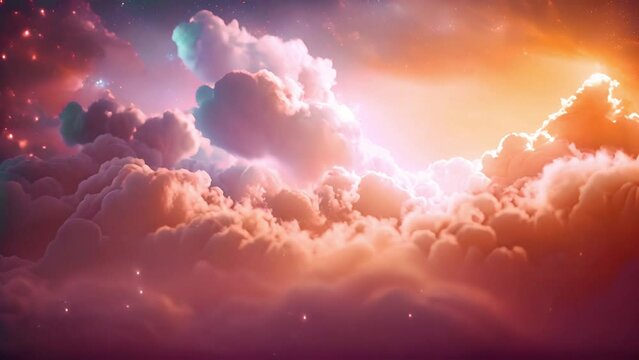 Ethereal background of formations of pink clouds and twinkling stars with copy space, colored sugar cotton fluffy clouds. Magic amazing colorful landscape in the sky. Fantasy unicorn colors moving 4k