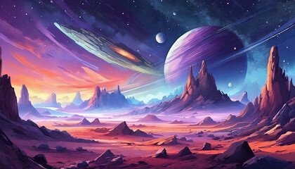 Abstract illustration of outer space desert with rocks. Cosmic landscape. Purple sky. Fantasy planet