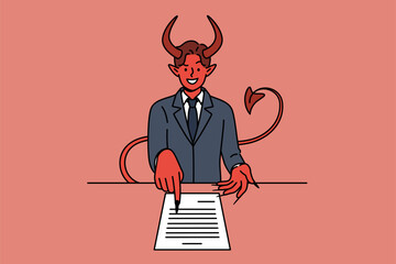 Devil offers to sign business contract lying on table in order to sell soul to satan. Concept of bad commercial proposal and unprofitable contract for performing work that violates law - obrazy, fototapety, plakaty