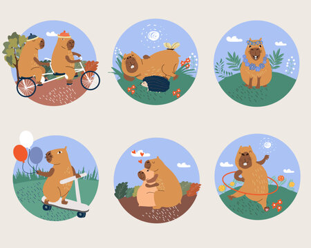 Copybara individuals engage in active recreation or sleep in nature, for holiday of july 10th. Set for festive events dedicated to copybara with hugging couple sitting on grass and pig with hoop