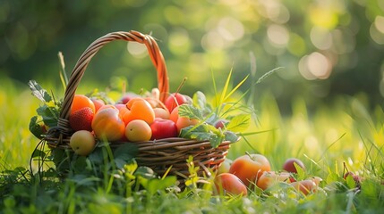 Organic fruit in basket in summer grass