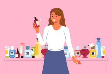 Woman cosmetologist chooses best perfume or lotion to remove wrinkles, standing near shelf with large assortment of cosmetics. Girl cosmetologist with smile demonstrates new skin care gel
