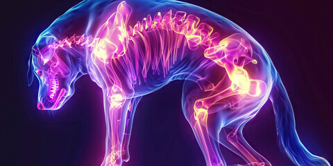 Canine Hip Dysplasia: The Hip Pain and Difficulty Rising - Visualize a dog with highlighted hip joints showing malformation, experiencing hip pain and difficulty rising - obrazy, fototapety, plakaty