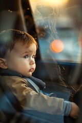 Clear, focused image of small child in car seat, transport safety emphasized.