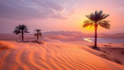 A Desert Landscape: Dunes, Sand, Heat, Mirages, and Oases. Concept Desert Dunes, Sandy Terrain, Extreme Heat, Optical Illusions, Refreshing Oases