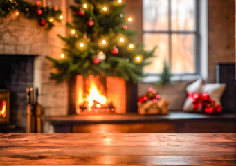 Fototapeta na wymiar wood table with blurry christmas tree and fireplace background.Wood surface with christmas tree and fireplace background with copy space