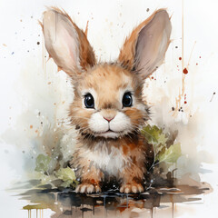 Watercolor baby bunny with big eyes easter, hare, t-shirt design, background art wallpaper, print, for printing, poster, wall painting, interior - generative AI