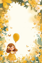 Children's Frame A girl holding a yellow balloon in a field of flowers.