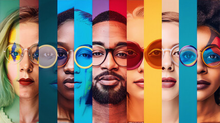A diverse group of people wearing colorful glasses, each person representing a different vibrant color, conveying a sense of unity and harmony through the spectrum of humanity. - obrazy, fototapety, plakaty