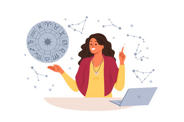 Woman astrologer tells fortunes by horoscope and predicts future by stars, standing near table with laptop. Girl astrologer points up, offering to read gorsk, standing near wheel with zodiac signs