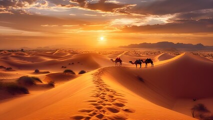 Fototapeta na wymiar Desert landscape with dunes sandstorms oasis camels and scorching heat. Concept Desert Photography, Sandy Dunes, Sandstorm Moments, Oasis Beauty, Camels in the Desert