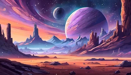  Abstract illustration of outer space desert with rocks. Cosmic landscape. Purple sky. Fantasy planet © hardvicore