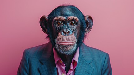 A businessman with a monkey's head in a business suit and tie, wearing glasses on a blurred background. Wolf character