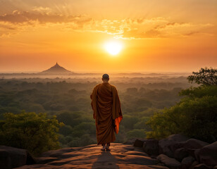 Golden Solitude: A Monk's Journey for Dharma at Sunset - obrazy, fototapety, plakaty