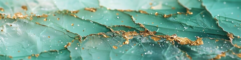 close-up of mint-colored crystal with gold veins.