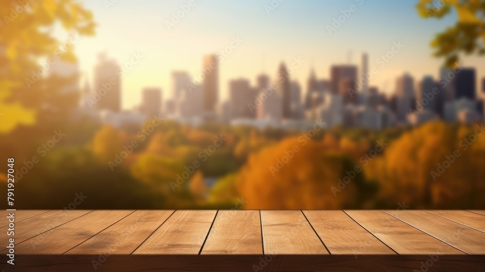Poster the empty wooden table top with blur background of nature skyline in autumn. exuberant image. genera