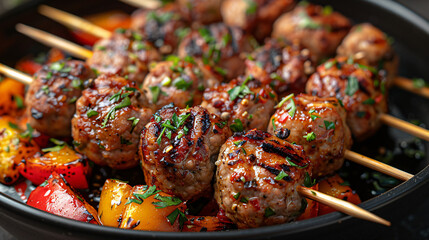 Savoury meat balls on skewers with roasted veg