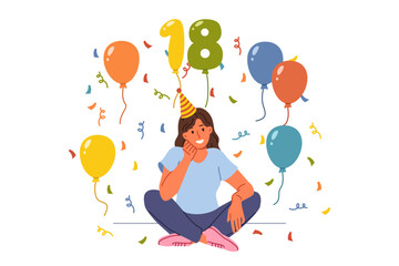 Woman celebrates 18th birthday, proud of reaching adulthood, and sits on floor among candy and balloons. Young cheerful girl student in festive hat invites you to entertaining event in honor birthday