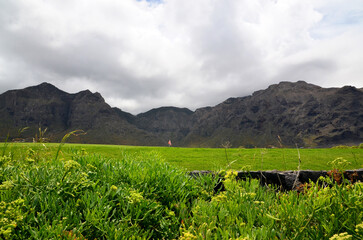 View of green golf course in  Buenavista del Norte,Tenerife,Canary Islands,Spain.Selective focus.