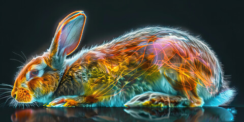 Rabbit Gastrointestinal Stasis: The Decreased Appetite and Lethargy - Visualize a rabbit with highlighted digestive system showing slowdown, experiencing decreased appetite and lethargy - obrazy, fototapety, plakaty