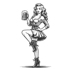 attractive pin-up style women with beer glass mug evoking classic Americana vibes sketch engraving generative ai fictional character vector illustration. Scratch board imitation. Black and white image