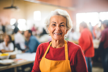 With a compassionate smile, a senior woman volunteers at a community food distribution event,...