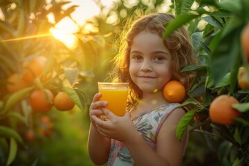 Golden Hour Joy: Young Girl Savoring Fresh Orange Juice in Citrus Grove for National Orange Juice Day
