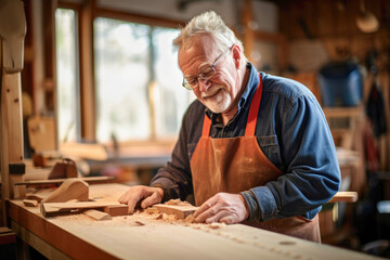 A senior carpenter stands proudly in his workshop, surrounded by the tools of his craft and the scent of freshly cut wood.