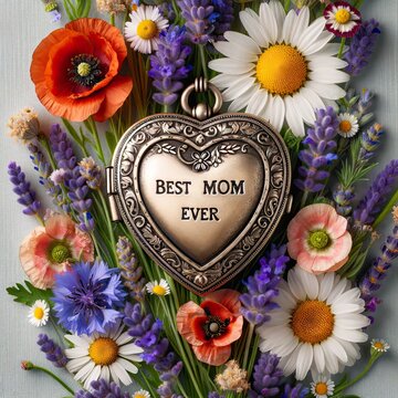 "Blooming Tribute: Heart Locket with 'Best Mom Ever' inscription surrounded by wildflowers"