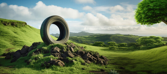 An abandoned tire lying amidst the grass, symbolizing the environmental damage caused by pollution and waste in the automobile industry.
